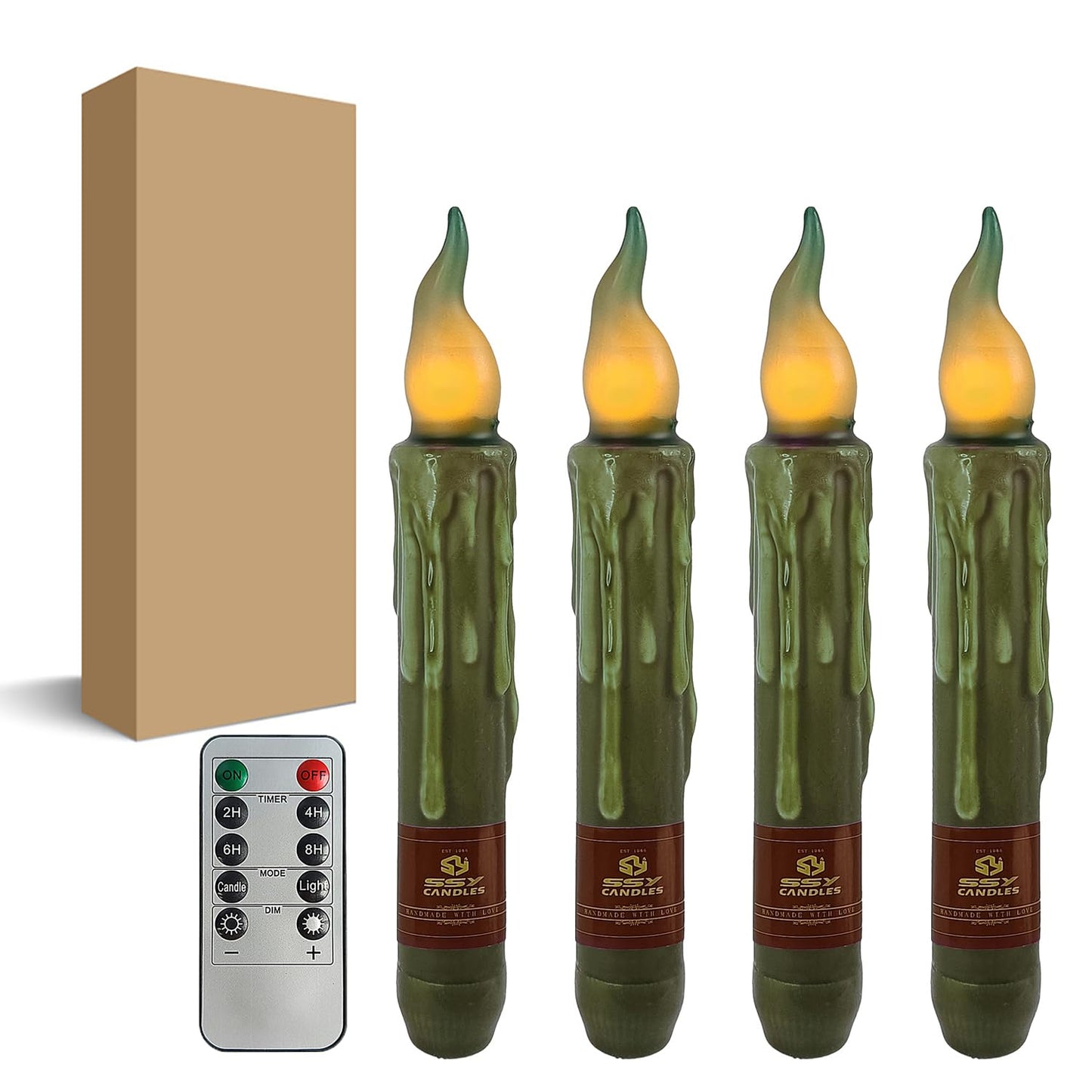 FCMSHAMD Olive Green Flameless Short Taper Candles, Real Wax Hand Dipped LED Battery Operated with Remote, Flickering Flame Lights for Party Home Décor, 6.7 Inch Primitive Flameless Candles, 4PCS