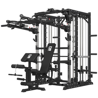 FAGUS H Commercial Smith Machine with Weight Bench Combo, 4000LB Power Cage Squat Rack with Lever Arm, Leg Press, Multi-Function Linear Bearing Cable Crossover Machine for Home Gym, Black