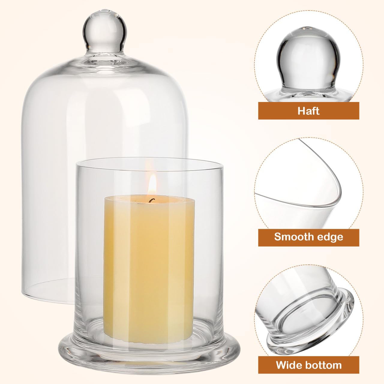 iplusmile 2 Pack Hand Blown Glass Candle Holder for Pillar Candles, 6.2 Inch Bell Jar Cloche Candlestick for Wedding Table Centerpiece, Clear Votive Cup for Party Home Decor