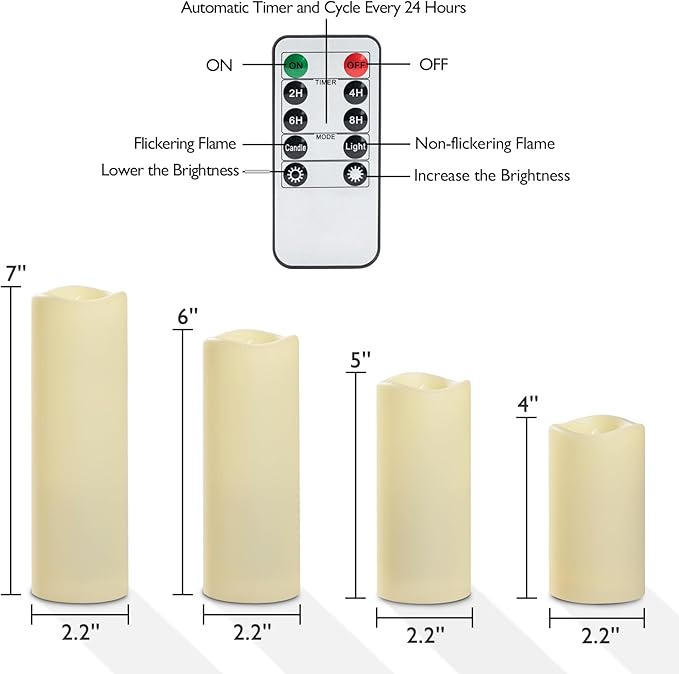 Homemory 12 Pcs Waterproof Flameless LED Candles with Remote & Timer, 4-Size Set (D2.2'' x H4''5''6''7''), Battery Operated Candles for Home Decor, Outdoor Parties & Events