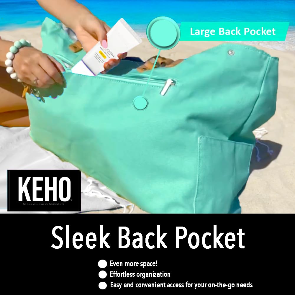 Keho Women's Fashion Trendy Beach Bag – Vegan Leather Handles, Pockets, & Waterproof/Sandproof Design - (Green)