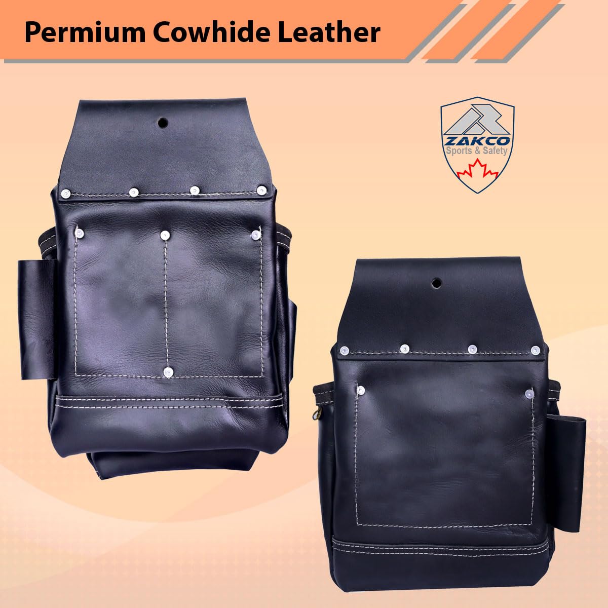 ZAKCO PRO-19 Genuine Grain Leather Multi Pockets Construction Tool Rig, Carpenter Tool Belt, 2 Leather Tool Pouches, Pro Style Tool Belt for Framers, Handyman, Drywall & Roofers (BLACK, Full Size)