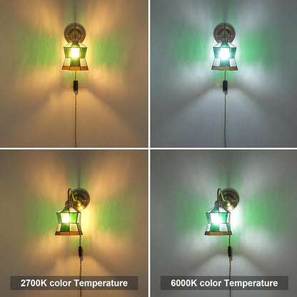 Plug in Wall Sconces Set of 2, Vintage Wall Lamps with Polygonal Checker Stained Glass Shade, Brass Lights Fixture Decor for Bedroom Bathroom Living Room Hallway