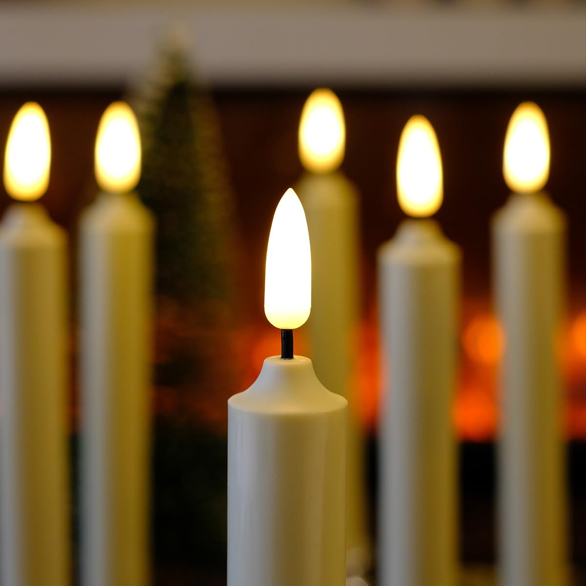 6PACK Flameless Battery Powered 8'' Ivory Taper Windows Candles, Include 12 AA Batteries, with Remote and Timer, with Suction Cup and Removable Silver Candleholders, Remote Included, Patented