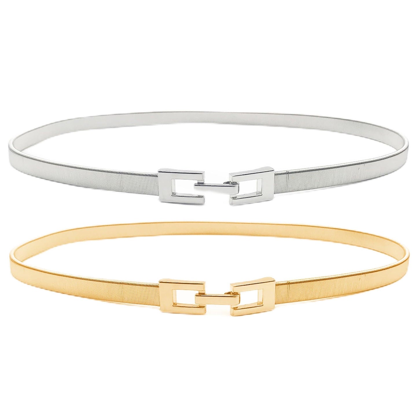 Tanpie 2 Pack Skinny Waist Belt of Women Elastic Metal Stretch Chain Belt Gold&Silver Small