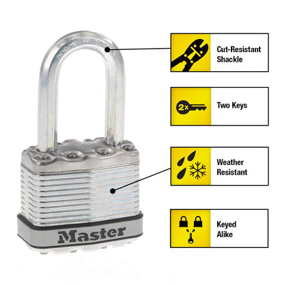 Master Lock Silver Magnum Outdoor Padlock with Key, Keyed Alike Gate Locks for Outdoor Fence or Shed with Long Shackle, 4 Pack, M1XQLFCCSEN