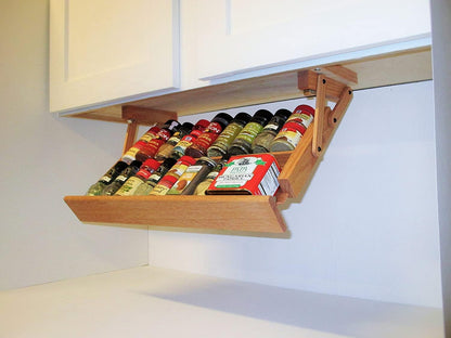 Kitchen Storage Under Cabinet Spice Rack, Handmade Hardwood, Holds 16 Large or 32 Small Spice Containers