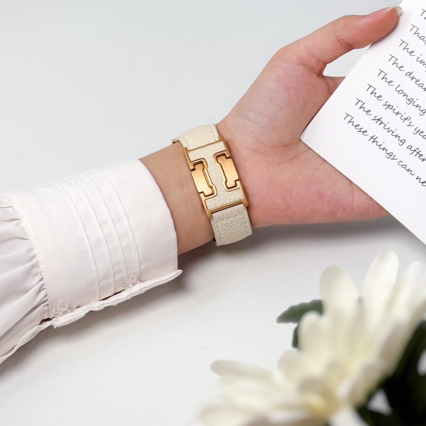 Leather Band Compatible with Apple Watch BandUltra 2 1 Series 10/9/8/7/6/5/4/SE,H-Shaped Buckle strap for iWatch 38/40/41/42/44/45/46/49mm Women Men (White Band + Gold H Buckle, 38mm 40mm 41mm 42mm)