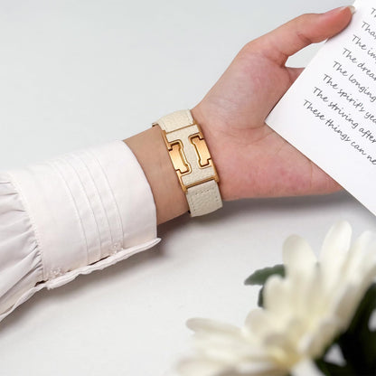 Leather Band Compatible with Apple Watch BandUltra 2 1 Series 10/9/8/7/6/5/4/SE,H-Shaped Buckle strap for iWatch 38/40/41/42/44/45/46/49mm Women Men (White Band + Gold H Buckle, 38mm 40mm 41mm 42mm)