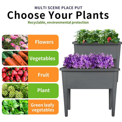Megawodar 4 Pcs Self Watering Elevated Raised Garden Bed, Large Outdoor Plastic Planter Box Big Flower Plant Pot for Planting Flowers Vegetables and Herbs (4, Dark Grey)