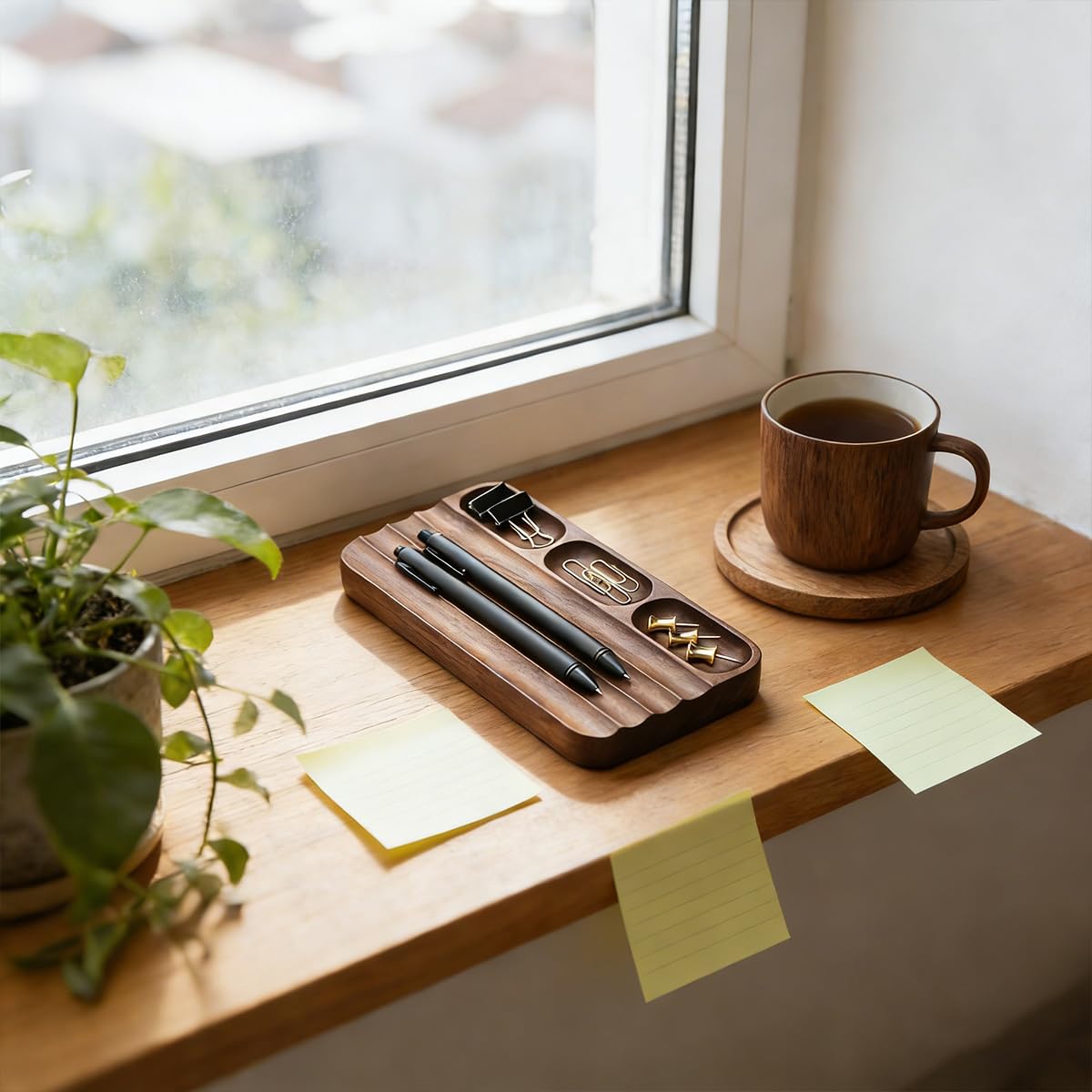 LITAITAI Horizontal Pen Holder,Acacia Wood Pen Tray,Desktop Pen Display,Walnut Desk Tray,Paperclip Headphones Eraser Office Stationery Storage,Brown