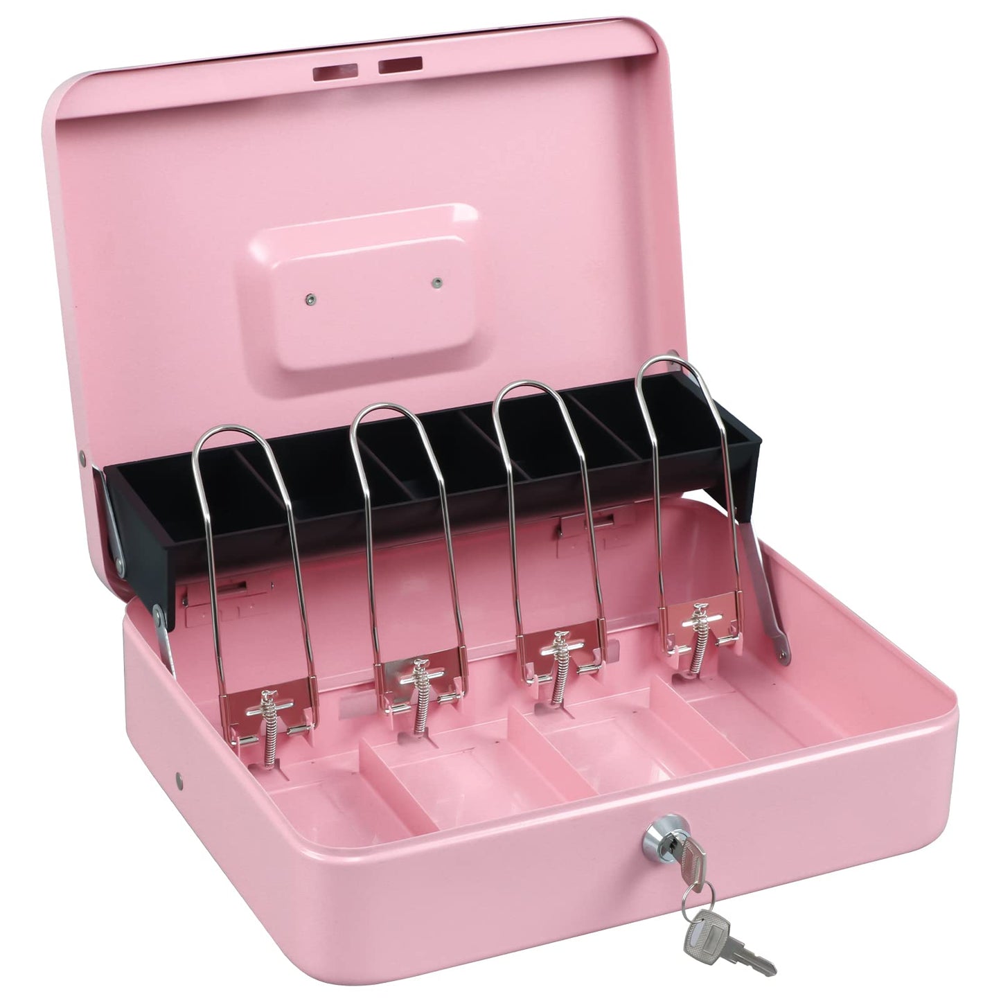 xydled Cash Box with Money Tray and Key Lock,Tiered, Cantilever Design,4 Bill / 5 Coin Slots,11.8" x 9.5" x 3.5",Pink