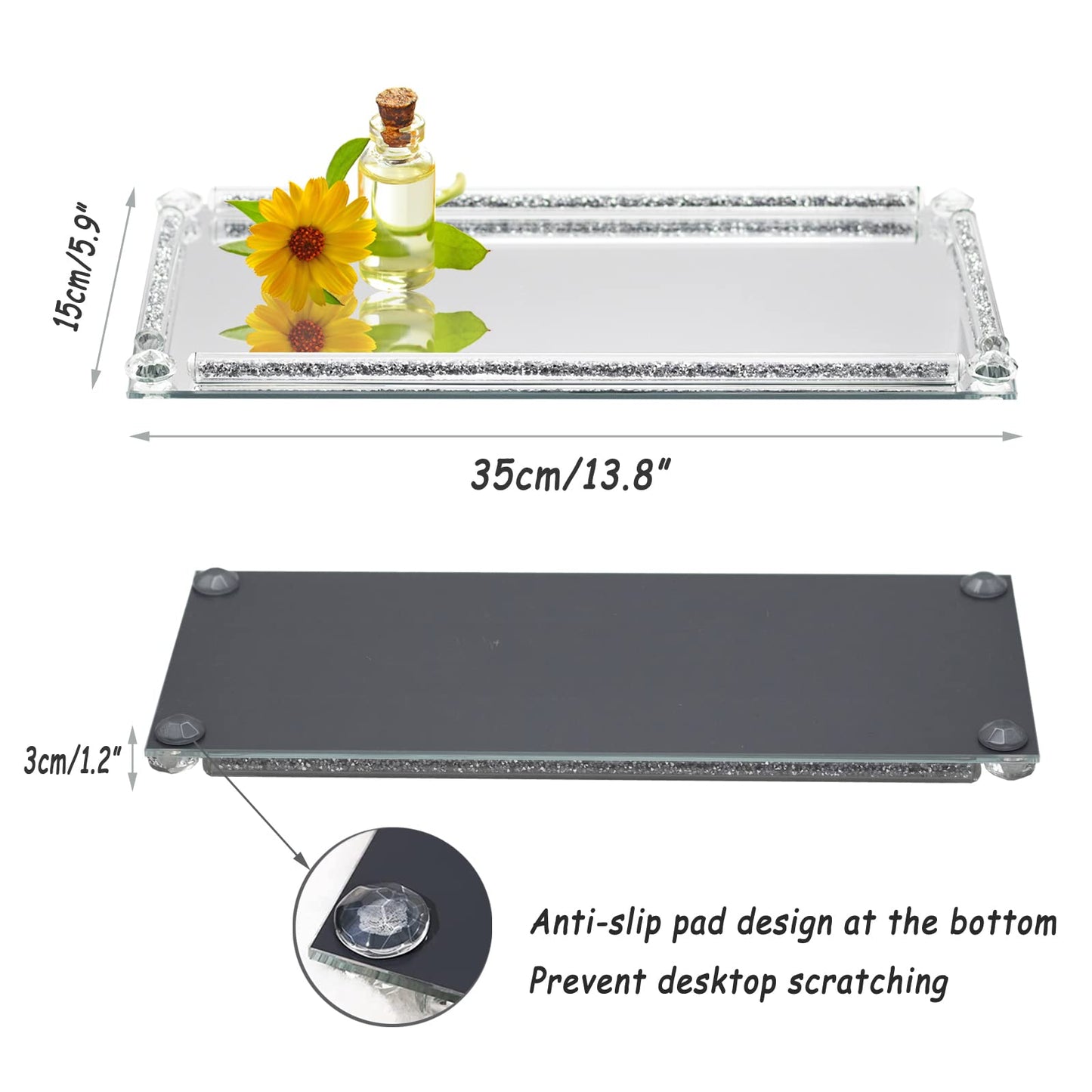 HMRCYTE Glass Mirror Vanity Tray, 13.8" x 5.9" Crushed Diamond Silver Crystal Rectangular Perfume Makeup Display Tray, Jewelry Trinket Cupcake Holder for Home Decor Christmas Banquet Party Gift