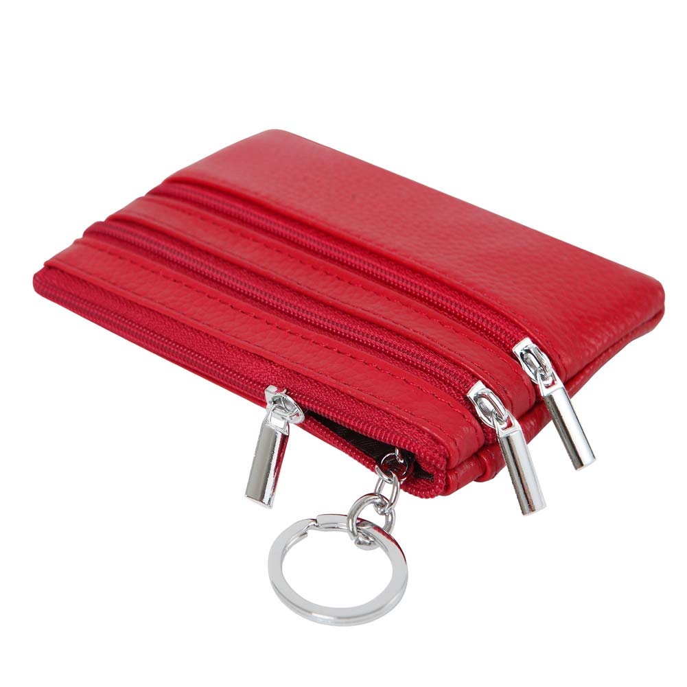 Women's Genuine Leather Coin Purse Mini Pouch Change Wallet with Keychain,red
