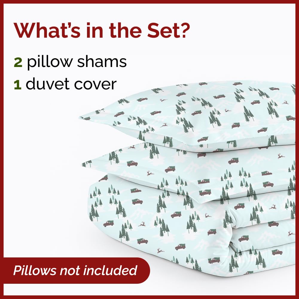 Christmas Duvet Cover Queen Size Set - Extra Soft Queen Duvet Cover with 2 Pillow Shams - Holiday Xmas Bedding w/ Zipper Closures & Ties - Comfy, Cozy Breathable Bed Set - 90 x 90, Christmas Tree Cars