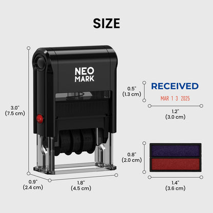 NEO MARK Self-Inking Date Office Stamp with Received Blue Ink & Date Red Ink, 12-Year Adjustable Rubber Dater, Ideal for Documents, Business & Accounting - with an Extra Refill Ink Pad
