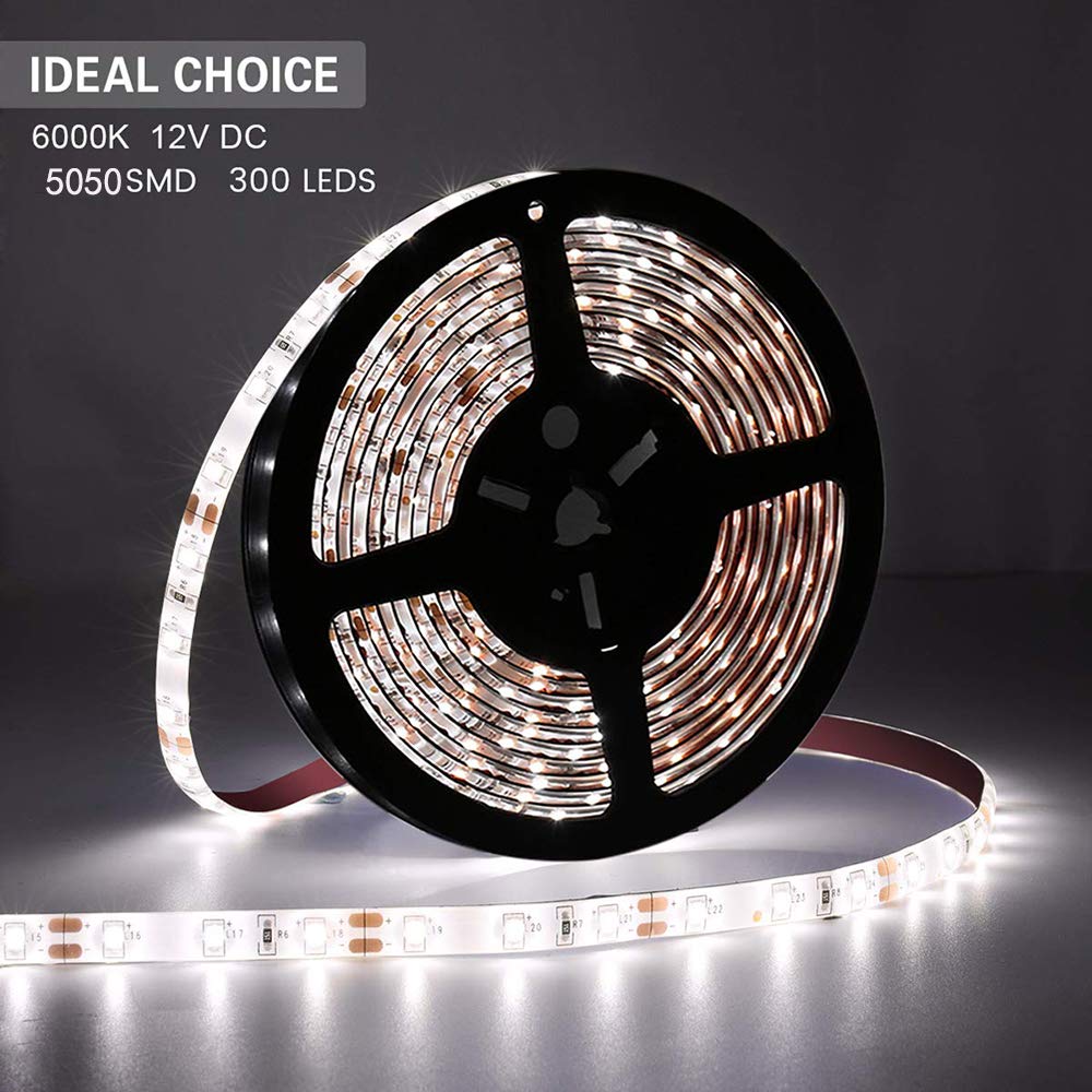 Velain 12V LED Strip Light Daylight White,16.4ft Waterproof Flexible Rope Light, 300LEDs SMD5050 Tape Ribbon Light for Home,Party, Bedroom,12V Power Supply Not Included