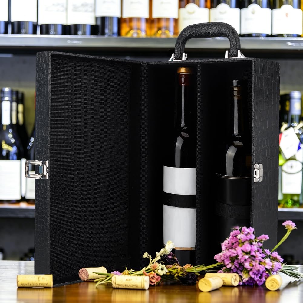 PH PandaHall Wine Gift Box, 2 Bottle Textured Leatherette Wine Carrier Case with Top Handle Bottle Storage Packaging Box for Business Gifts, Party Events, Travel, Holiday, 13.66x7.87x4.65inch, Black