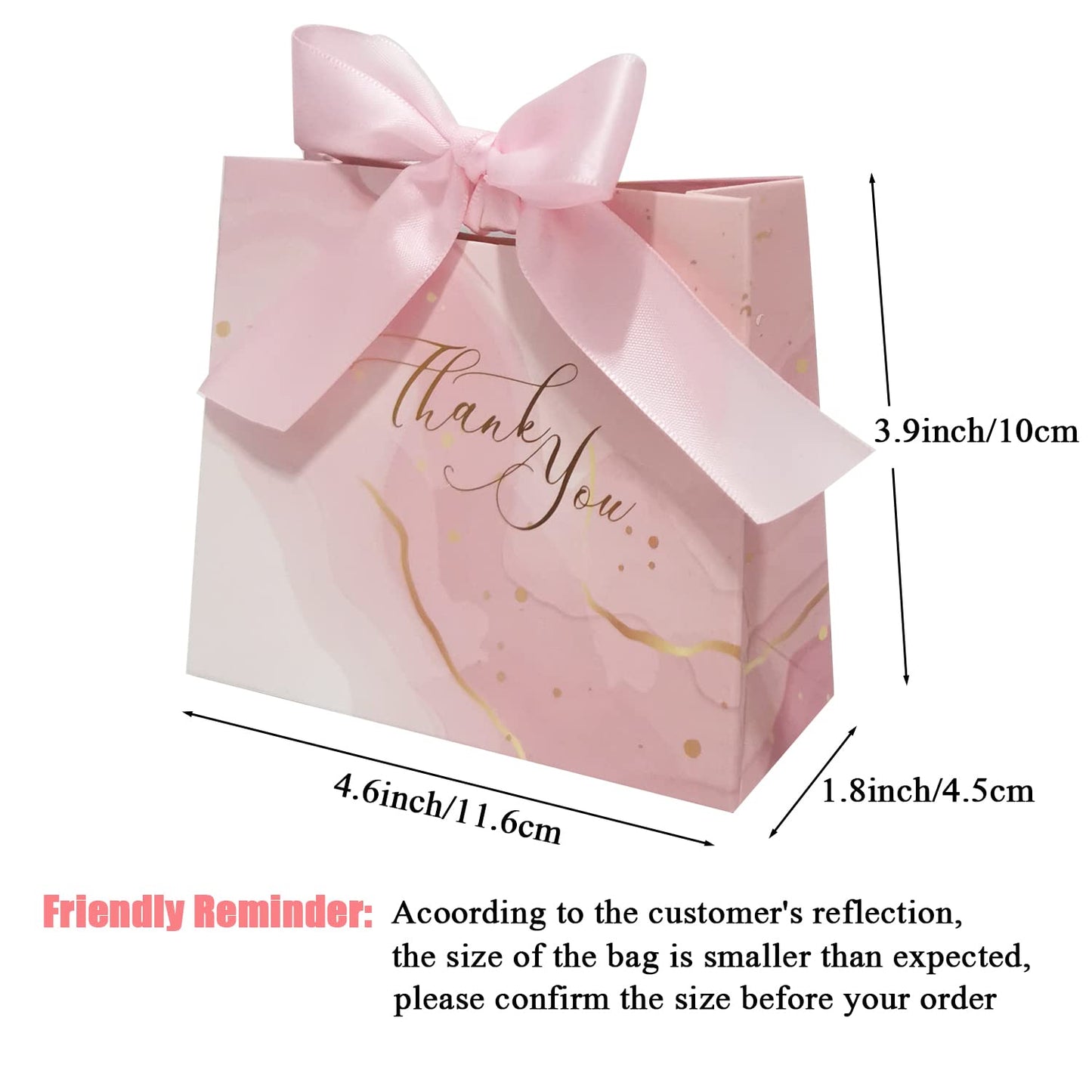 DECHISY 30Pack Small Thank You Gift Bags,Marble Pattern Party Favor Pink Bags with Pink Bow Ribbon,4.5x1.8x3.9Inches,Paper Bags for Birthday Wedding Bridesmaid Holiday Valentines Day (Pink)