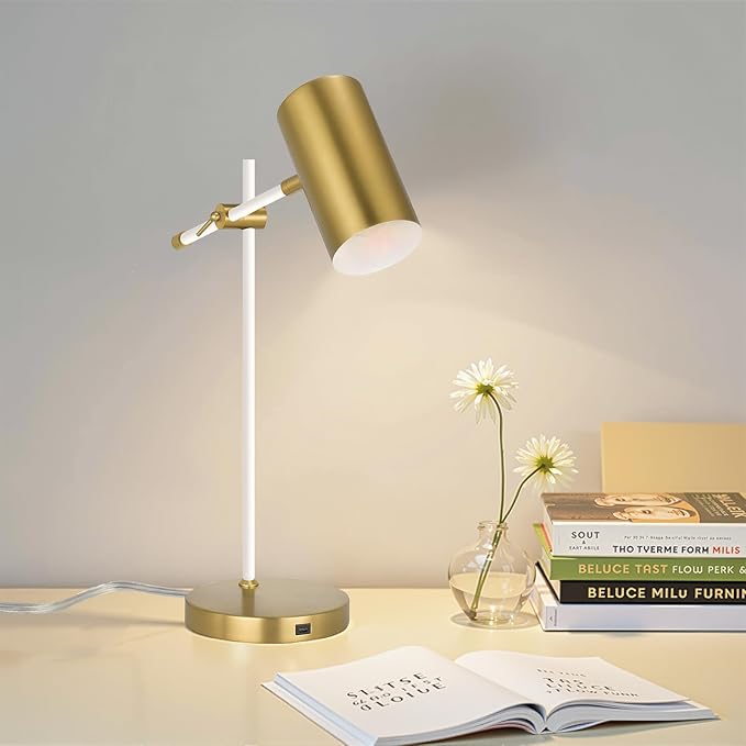 Modern White and Gold Desk Lamp, Minimalist Industrial Table Lamp with Swing Arm, for Study Room Home Office Bedroom Bedside Nightstand