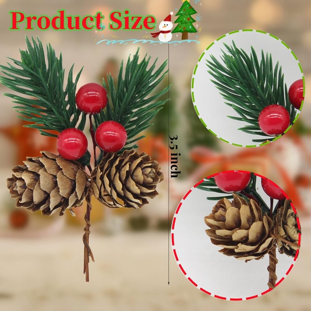 YGbridge Christmas Floral Picks, 50Pcs Pine Cone Holly Berry Stems for Crafts, Artificial Christmas Picks and Sprays, Red Berry Branches Greenery for Christmas Home Decor, Garland, Wreath (50)