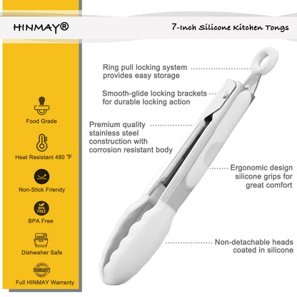 Small Silicone Tongs 7-Inch Mini Serving Tongs, Set of 3 (Black Gray White)