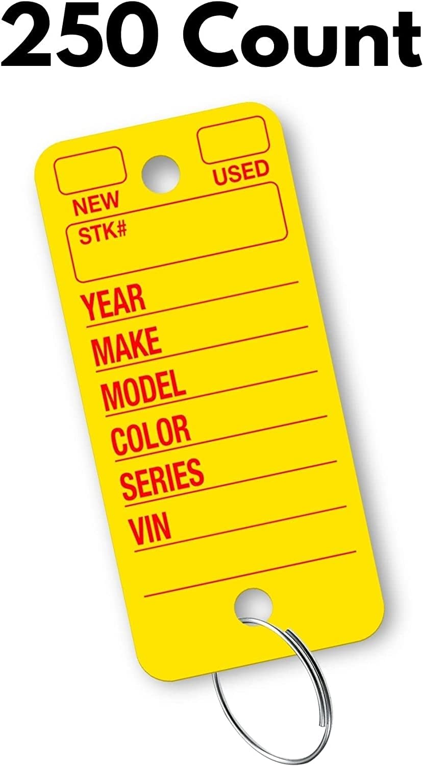 Poly Tag Key Tags with Ring (Yellow) – 250 Key Tag Count. Includes 250 Rings and 2 Fine Point Pens. Car Key Tags Plastic || Automotive Key Tags || Dealer Tags