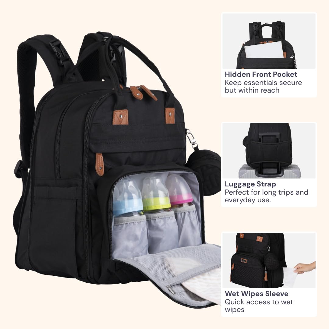 BabbleRoo Extra Large Diaper Bag Backpack, Expandable Baby Bag with Up to 50% More Capacity - Travel Essentials Baby Bag Tote with Changing Pad, Stroller Straps & Pacifier Case - Unisex, Black