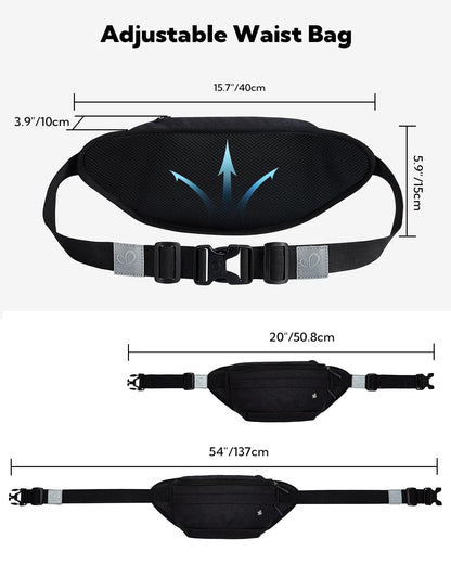 WATERFLY Fanny Pack for Men Women Water Resistant Large Hiking Waist Bag Pack Carrying All Phones for Running Walking Traveling (Black)