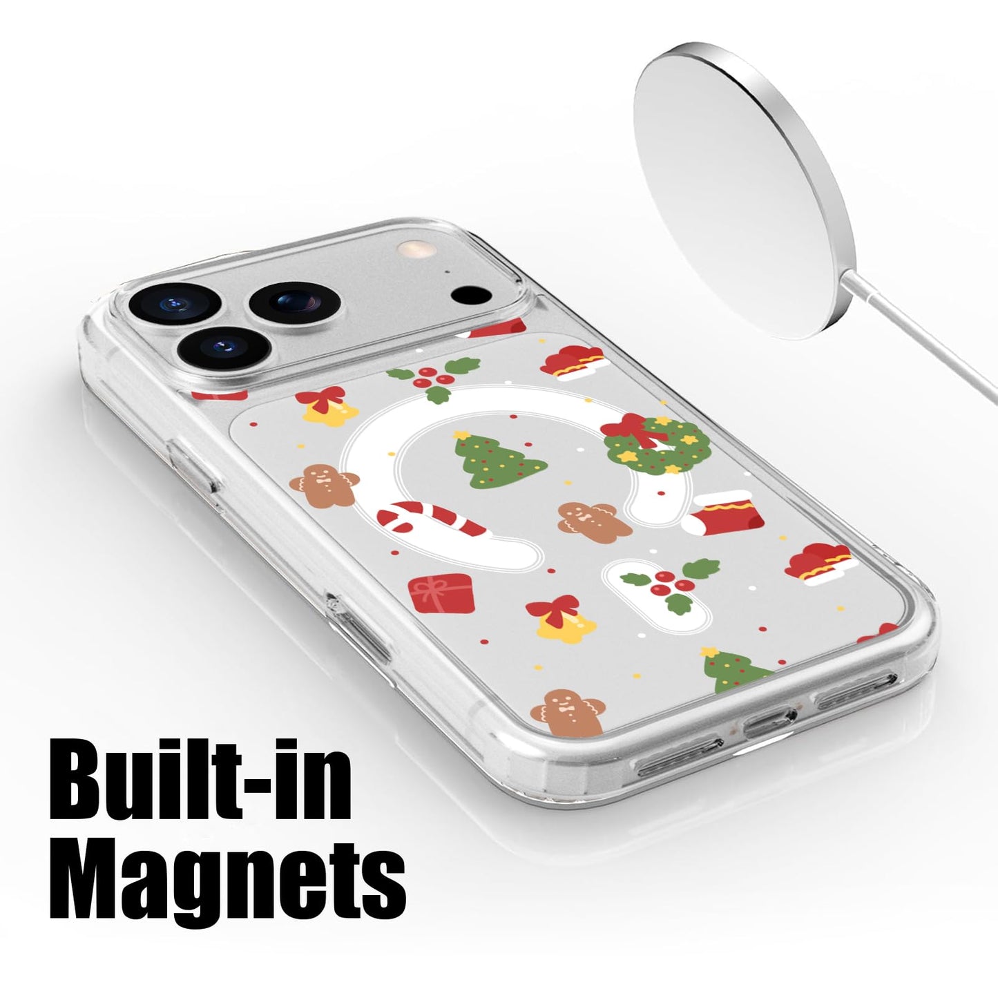 MAYCARI Christmas Phone Case for iPhone 17 Pro Max Compatible with Magnet Cute Wreath Candy Cane Clear Magnetic Phone Cover for Girls Women TPU Hard Back Shockproof Protective Case for Apple 17PM 6.9"