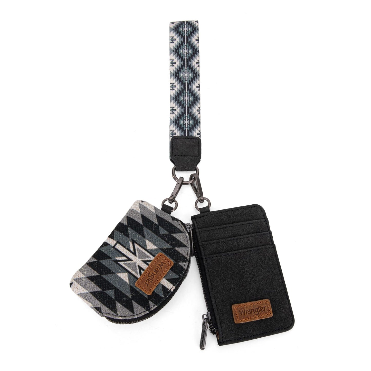 Wrangler Western Aztec Keychain Wristlet Wallets for Women Dual Pouch Wristlet Portable Credit Card Holder Wallet with Zipper Pocket WG2213-W0051BK