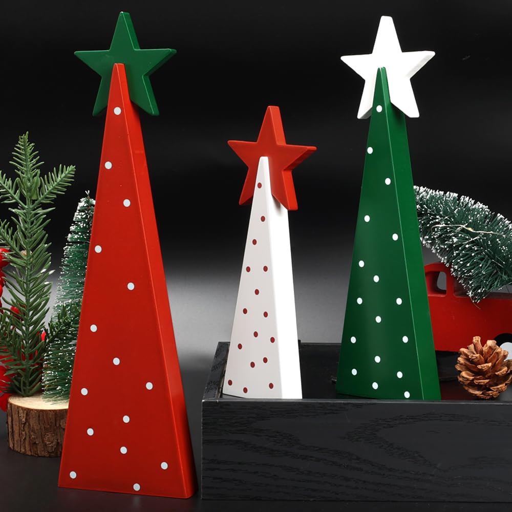 Christmas Decorations Indoor, Christmas Decor - 3 PCS Wooden Xmas Tree Signs with Stars for Home, Table, Fireplace Mantel, Shelf, Office Desk, Party Decor - Xmas Holiday Decorations