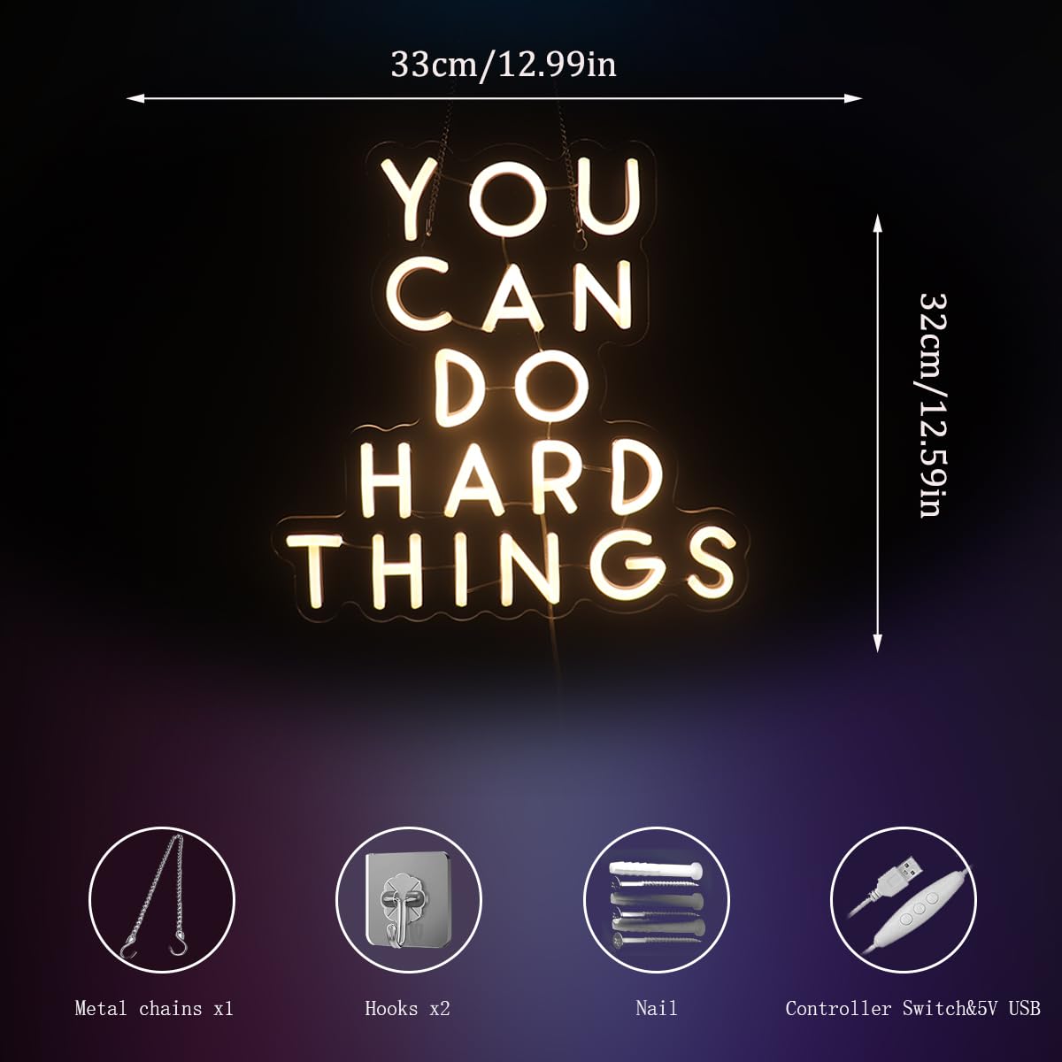 You Can Do Hard Things Wall Hanging Neon Sign, Positive Quotes Decorative Neon Lights for Classroom Wall Decor, Kids Room Wall Hanging Banners, Playroom Wall Decor Neon Light Sign(warm white)