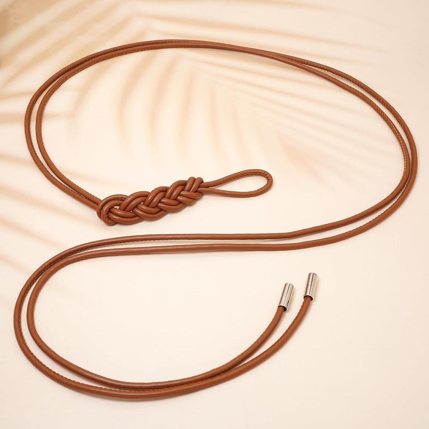 BAOKELAN Women Knot Thin Belts Skinny PU Leather Belts Boho Waist Belt for Dresses Brown 130CM