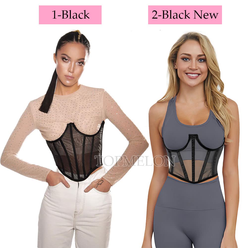 TOPMELON Black Corset Belt Waist Cincher Boned Mesh Underwire Short Torso Underboob Corset XL