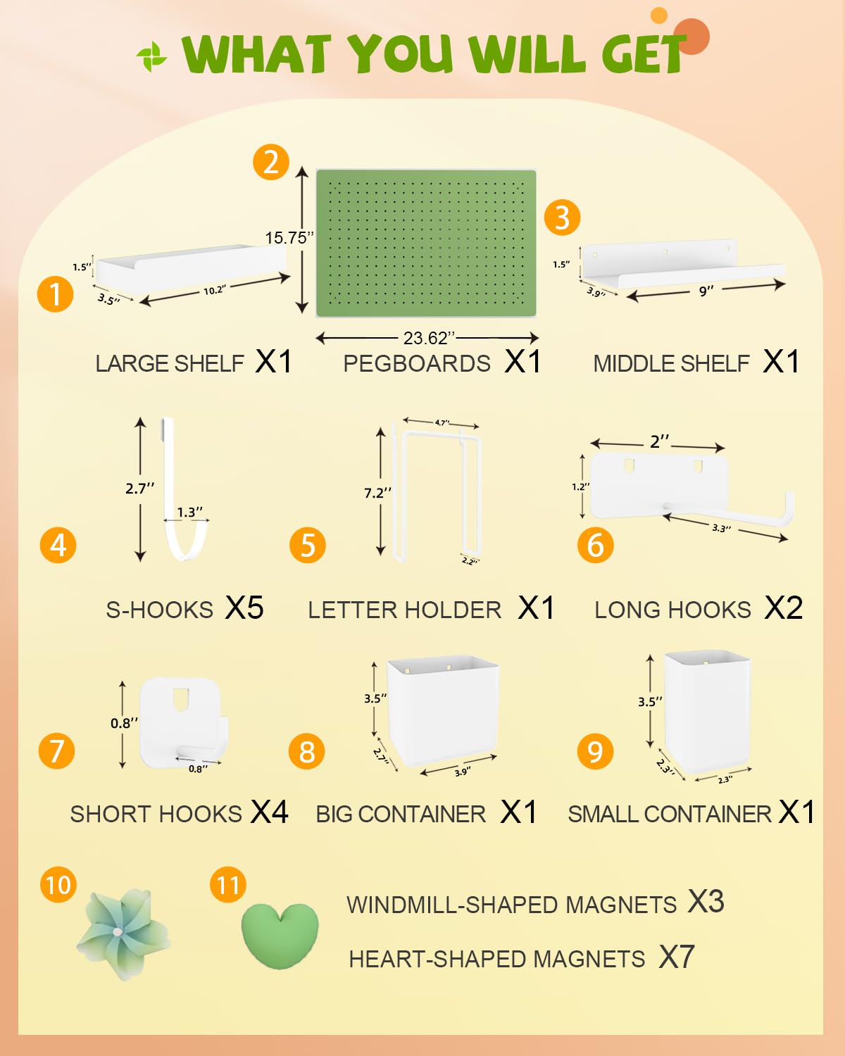 Soubeoii Metal Pegboard Kit — Carbon Steel Pegboards with 26 Accessories, Pegboard Wall Organizer for Home, Office, Study Room, Kitchen, Craft Room & Gaming Setup— 24″ × 16″ Green Peg Board