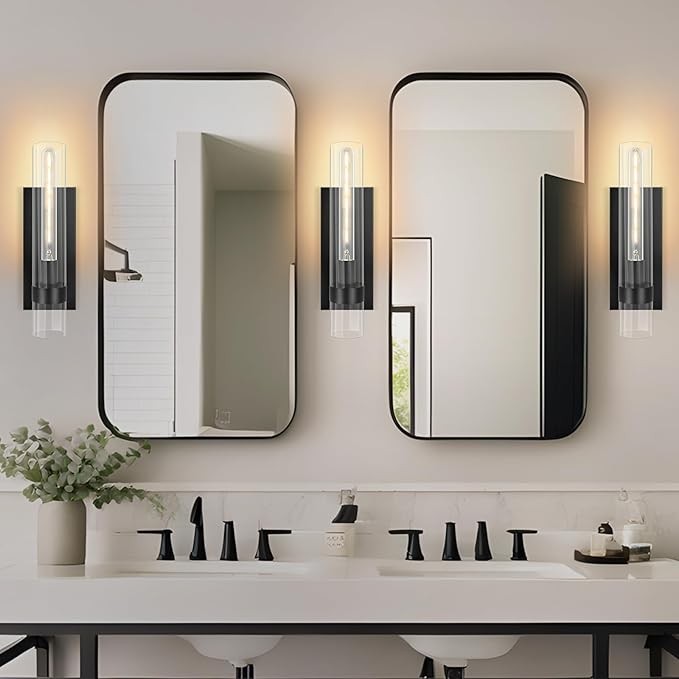 Wall Sconces Set of Two,18" Sconces Light Fixture, Black Bathroom Bedside Ligting, Glass Vanity Lights, Indoor Wall Lamps for Bedroom Living Room Hallway Mirror