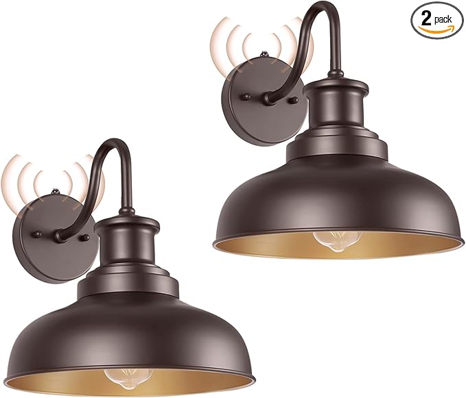 Dusk to Dawn Outdoor Gooseneck Barn Lights Outdoor Wall Sconces Farmhouse Exterior Wall Mount Light Vintage Outside Lighting Fixture Industrial Bronze Lantern for Porch Garage Shed Patio, 2 Pack