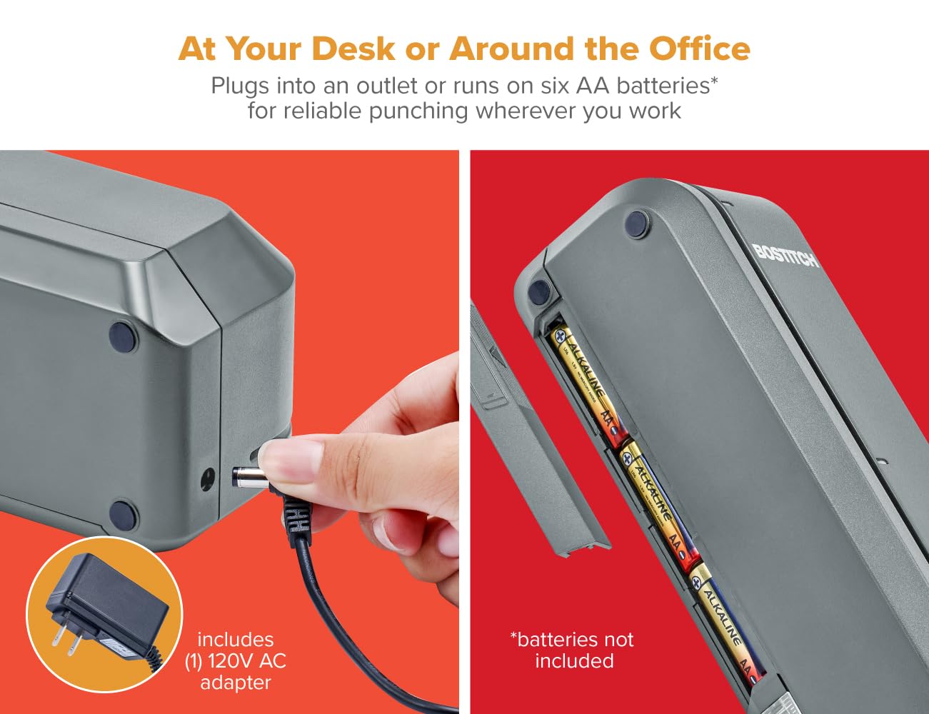 Bostitch Office Electric 3-Hole Punch, Dual Paper Loading, Heavy Duty, Jam-Free 20 Sheet Capacity, AC Adapter or Battery Powered, Space Saving, Grey, (EHP20-GRY)