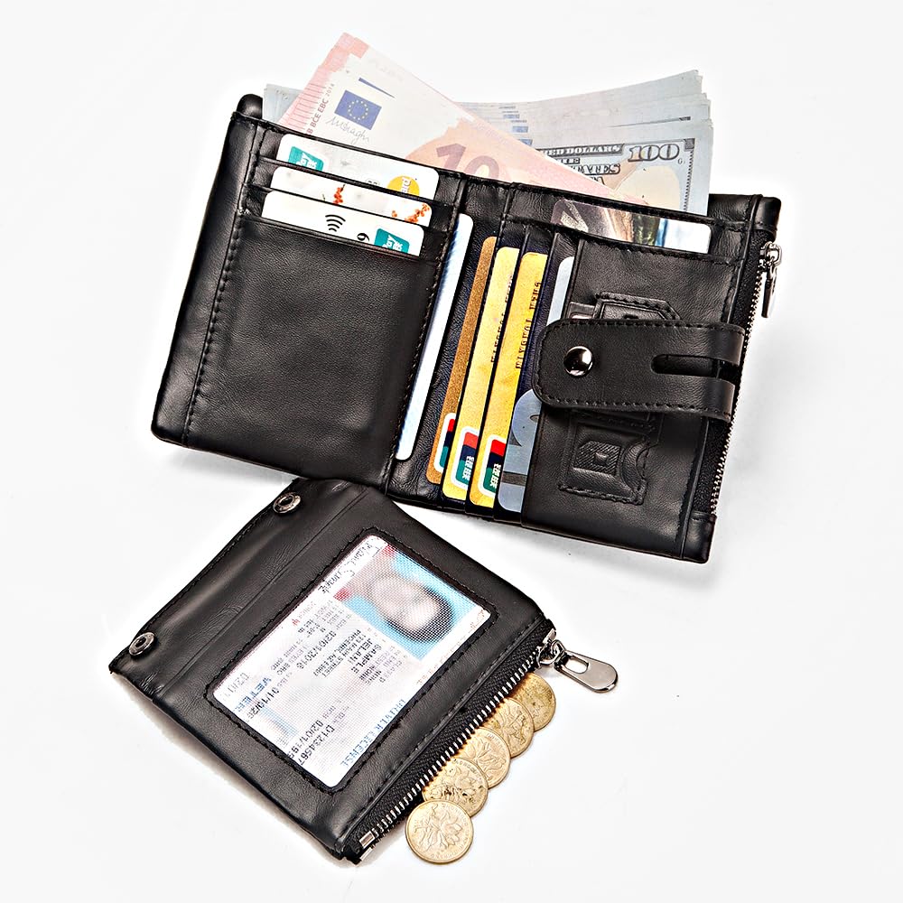 V LUVIAS Anti-Theft Mens Wallet with Chain Genuine Leather ID Window Purse with RFID Blocking Bifold Double Zipper Coin Pocket with Gift Box