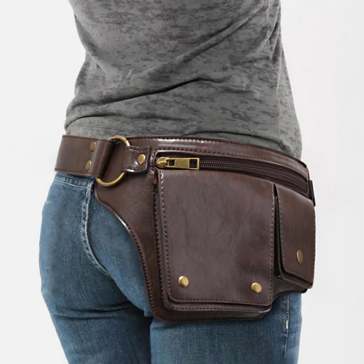 GK-O Steampunk PU Leather Hip Belt Bag for Men Women Vintage Motorcycle Waist Bag with Adjustable Strap Medieval Cosplay Utility Fanny Pack (Dark Brown)