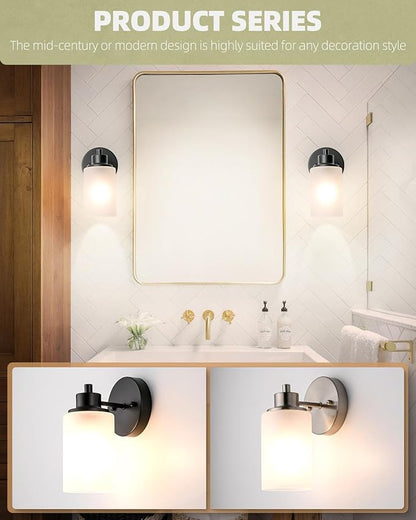 3 Pack Black Farmhouse Wall Sconces Light, Indoor Bath Vanity Light Fixtures with White Frosted Glass Shade, Modern Bathroom Wall Mounted Lights E26 Base Lamp for Bedroom, Porch, Kitchen