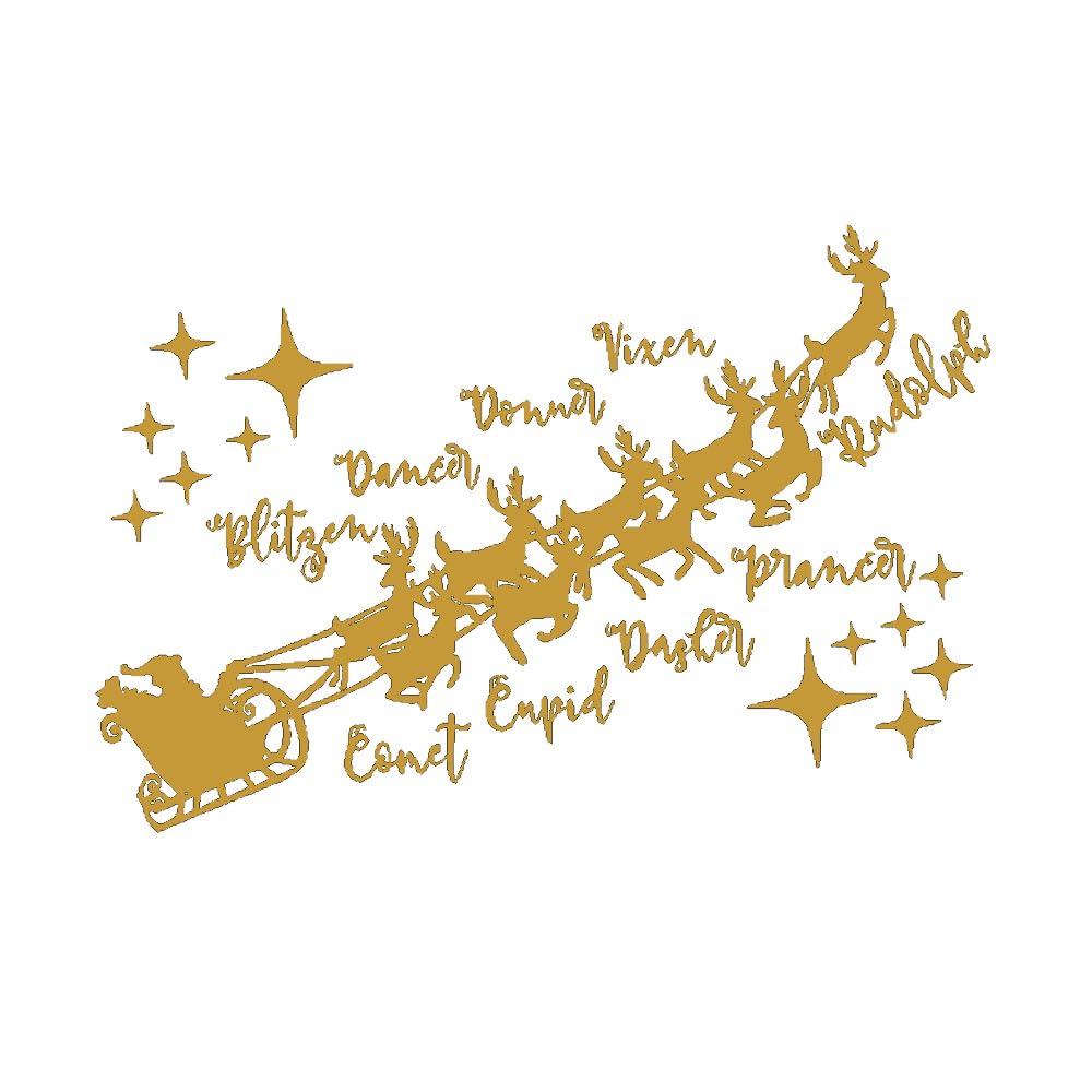 Christmas Wall Decal with Santa's Sleigh and Reindeer Names, 22.5 x 15.2 inches, Holiday Home Decoration (Gold) MC054