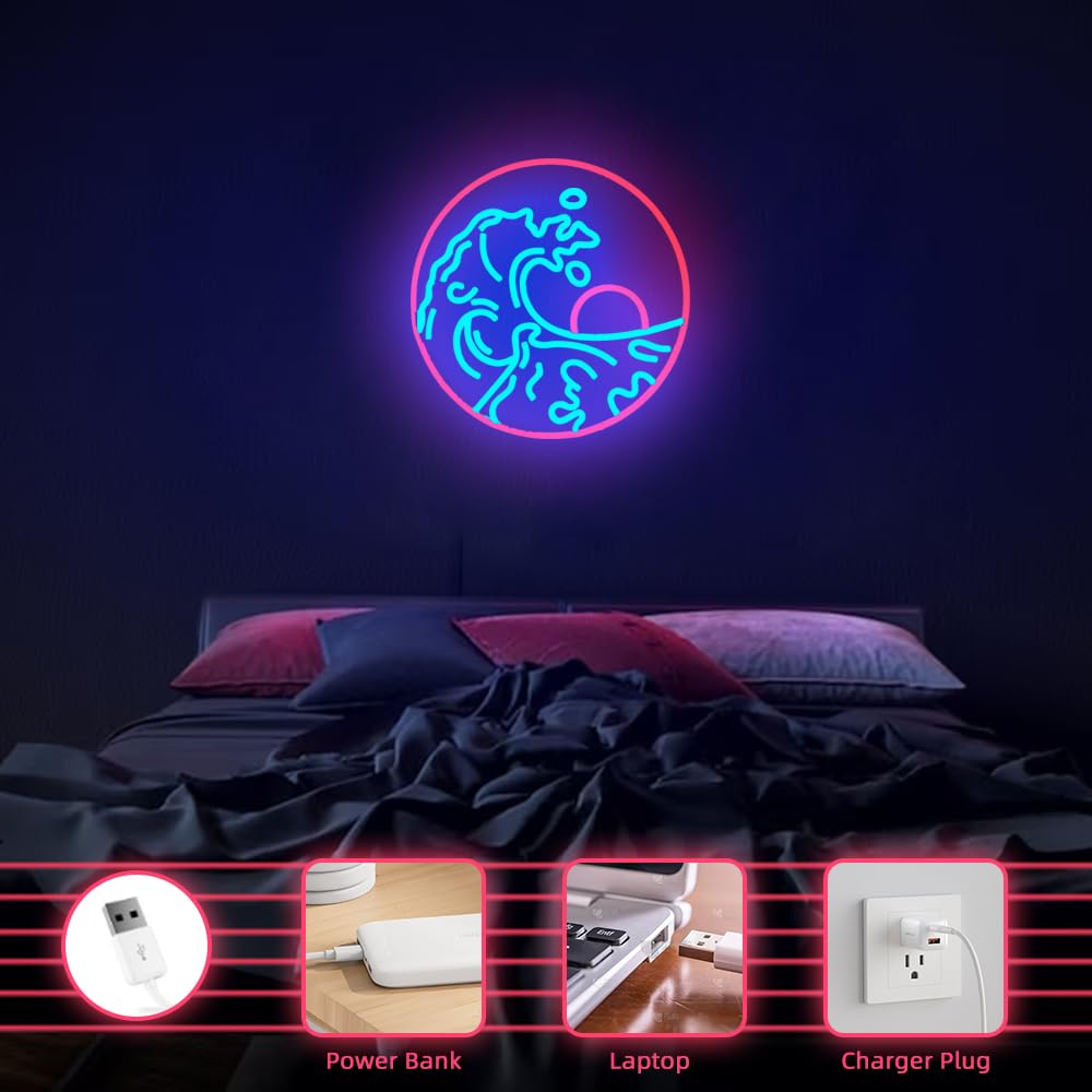 DAKABUKA Sunset Sunrise Neon Sign Dimmable Wave Neon Signs for Wall Decor Room Decor Bedroom Office Bar Birthday Party Christmas(Blue Red)