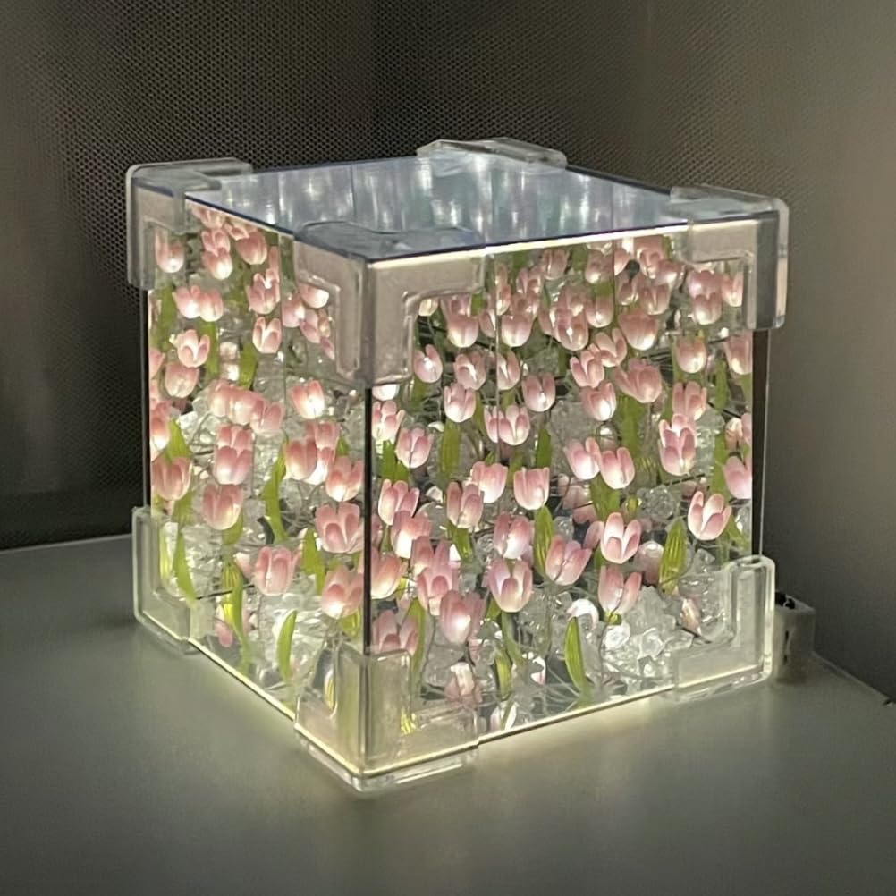 Deep Sea Search GT Tulip Mirror Night Light, DIY Cube Mirror Lamp, Led Handmade Tulip Table Lamp Decoration Ornaments, Christmas, Birthday Gift for Lovers, Friends, Family (Purple)