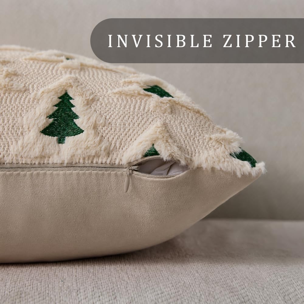 Allorry Christmas Pillow Covers 18x18 Set of 2 Beige Double Xmas Tree Pillow Covers Soft Plush Faux Fur Christmas Decorations for Xmas Winter Holiday Home Bedroom Sofa Cushion Cases PT-008C18
