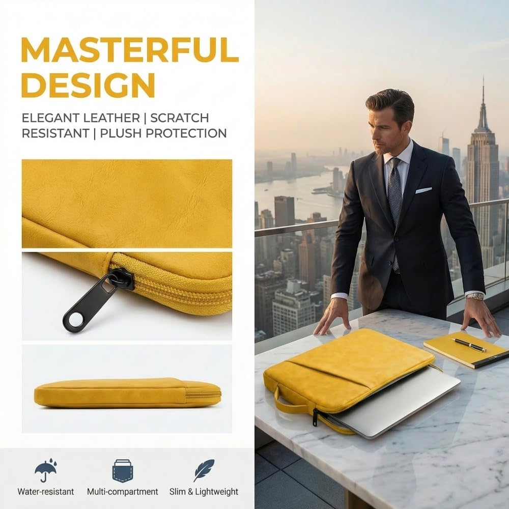 PU Leather Laptop Sleeve 14 inch, Slim Laptop Carrying Case Bag Computer Sleeve Cover Compatible with MacBook Air/Pro, HP, Dell, Lenovo, Asus(Yellow)