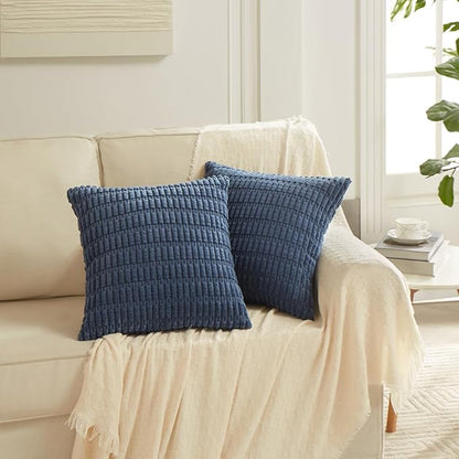 Fancy Homi Dusty Blue Decorative Throw Pillow Covers 18x18 Inch for Living Room Couch Bed Sofa, Rustic Farmhouse Boho Home Decor, Soft Striped Corduroy Square Cushion Case 45x45 cm
