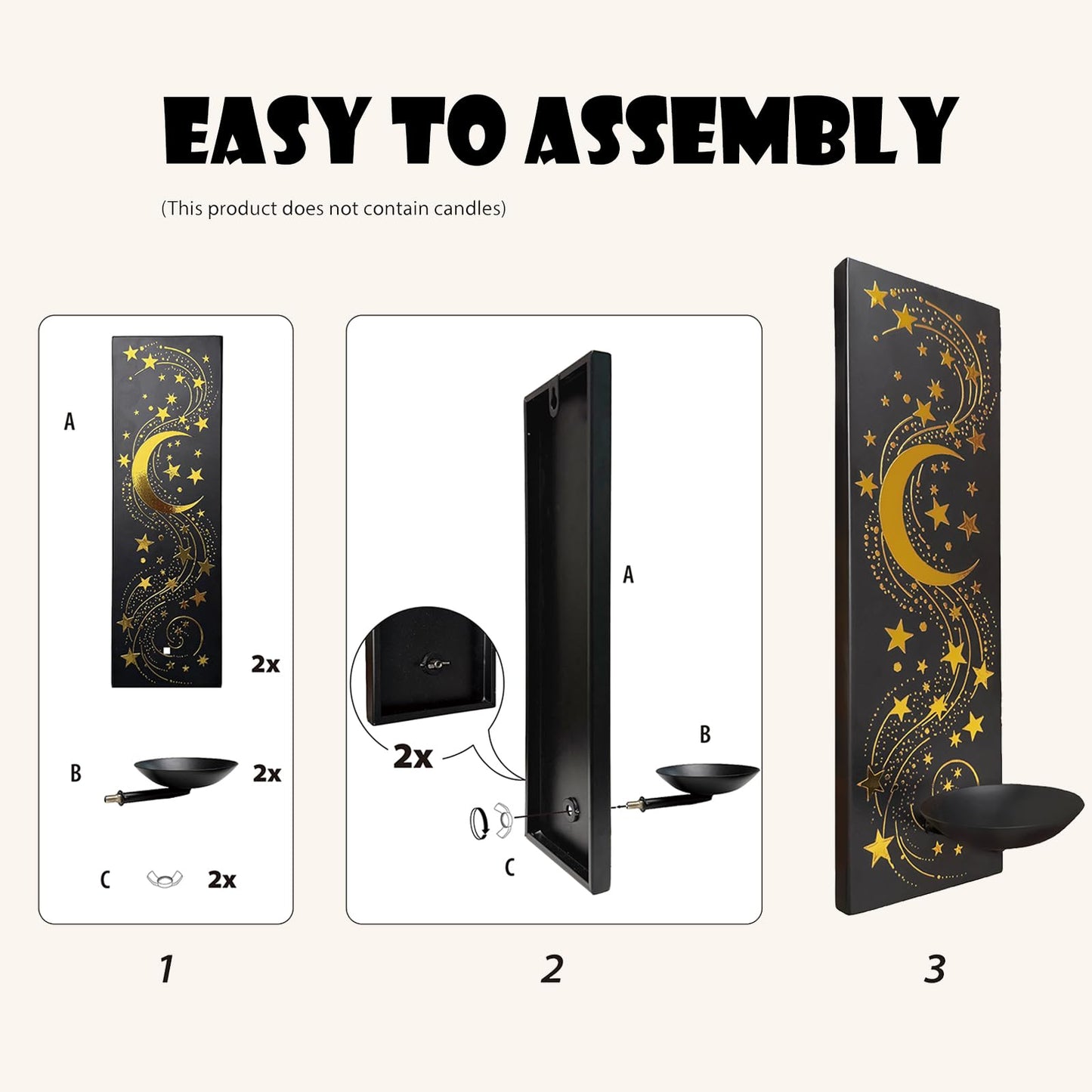 ZOOYOO Moon and Star Wall Candle Sconces Set of 2, Black Iron Wall Sconce with Gold Foil,Celestial Farmhouse Wall Decor for Bedroom Living Room,Wall Candle Holder for Yoga Meditation,Astronomy Gift