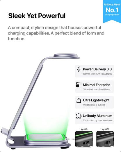 Intoval 3 in 1 Wireless Charging Station for iPhone 17 16 15 14 13 12 11 X Pro Max, Wireless Charger for Apple Watch Ultra 3 SE 9 8 7 6 5 4 3 2, for AirPods 4 Pro Pro 2 3 (Y93, Grey)